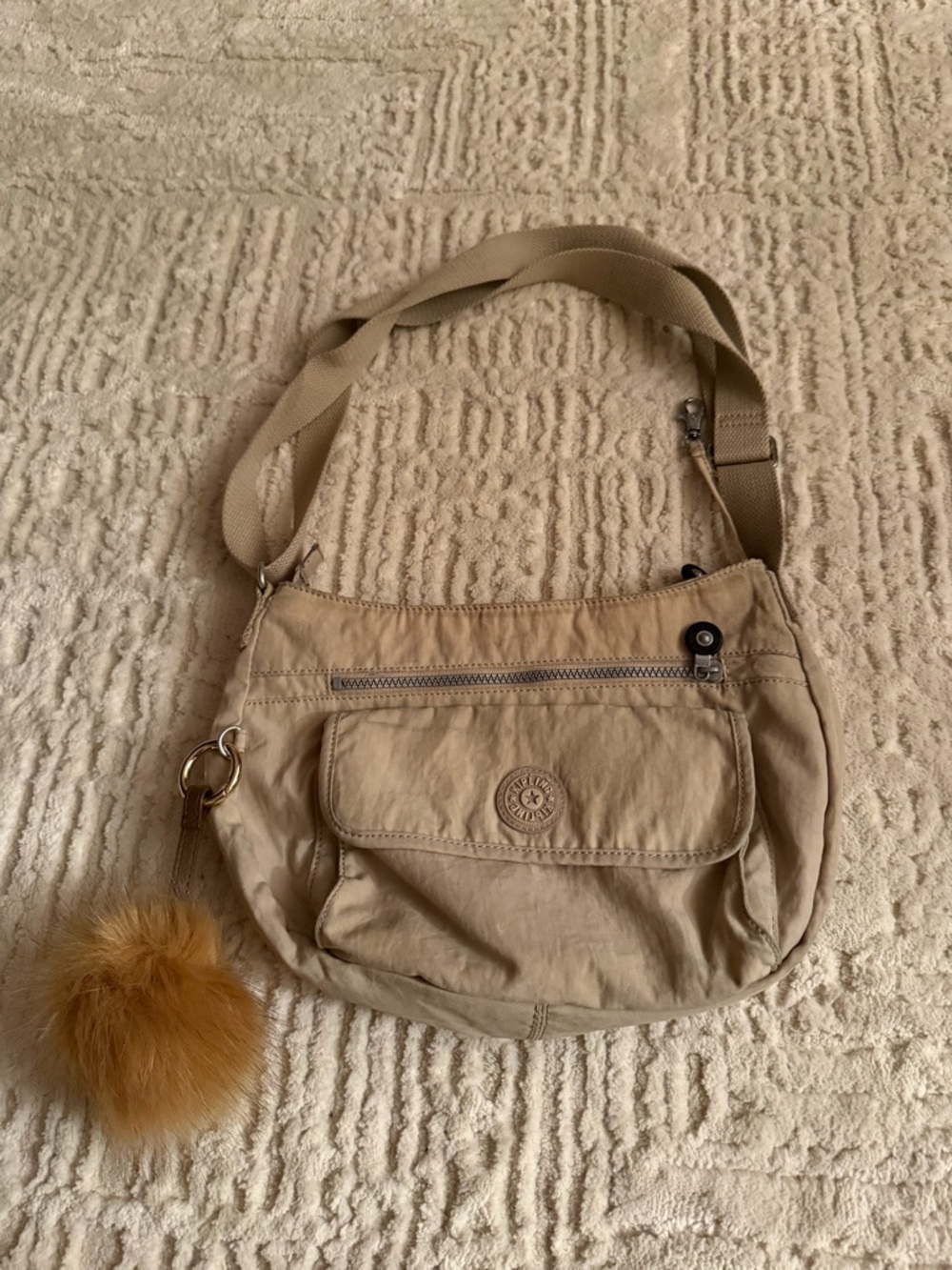 Kipling Khaki Crossbody Bag with Pom Pom